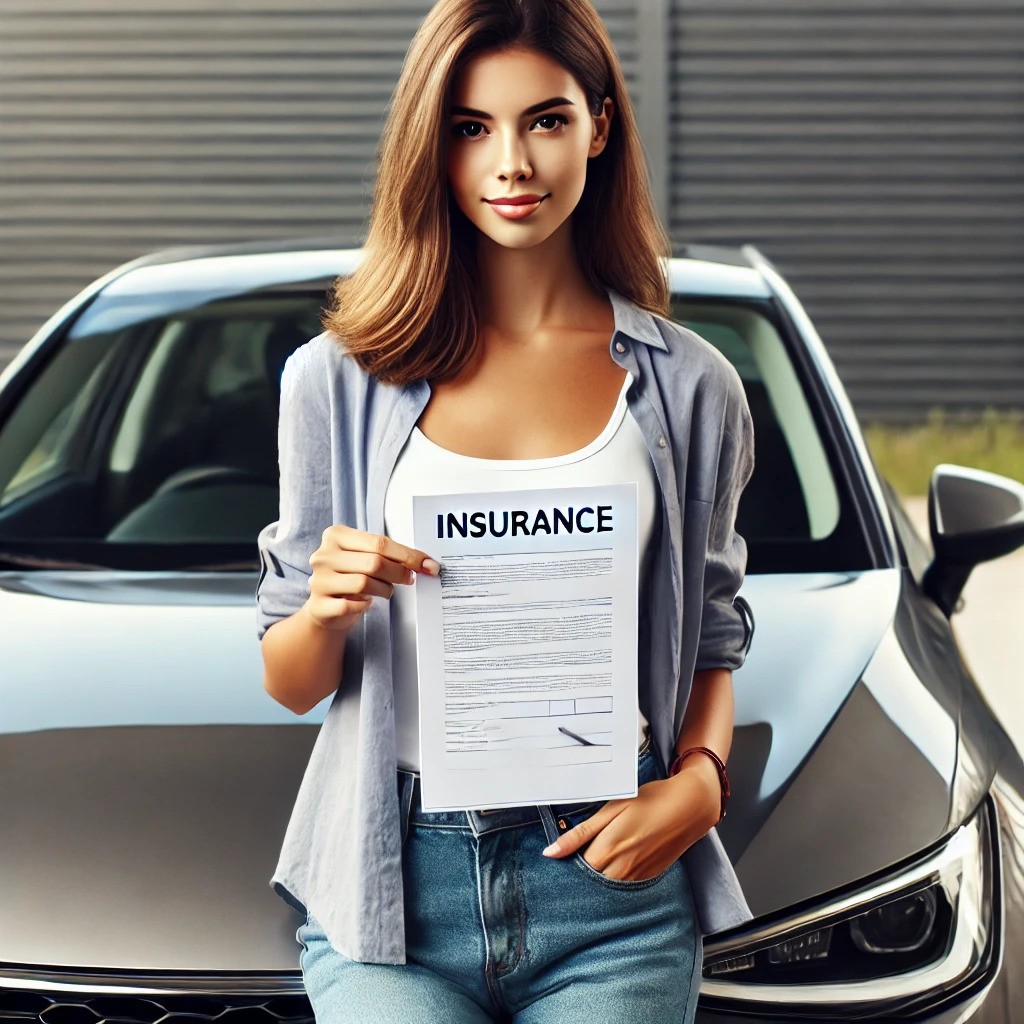 a young woman stand next to her car with insurance papers in her hand