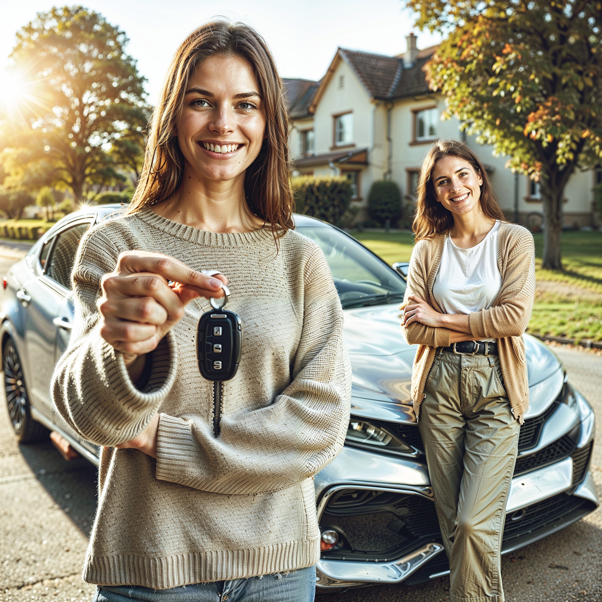 happy woman holding a car keys with a low cost car insurance