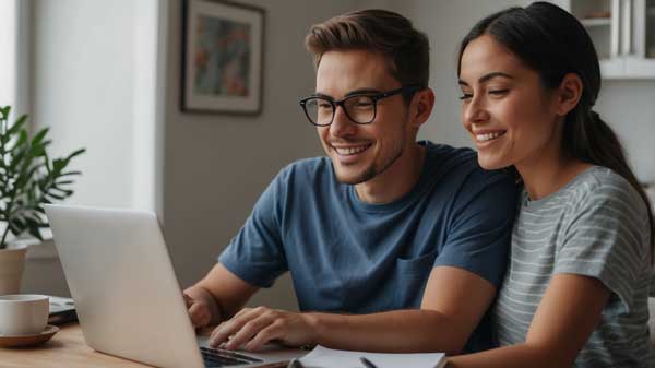 Young couple reviewing no upfront payment car insurance options