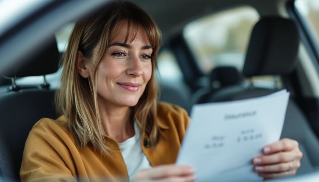 woman in a car with insurance papers in her hands