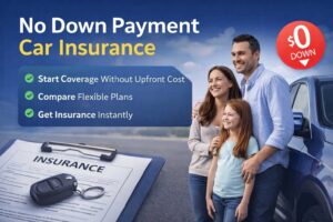 No down payment car insurance illustration with family, car, and $0 down offer showing instant coverage options